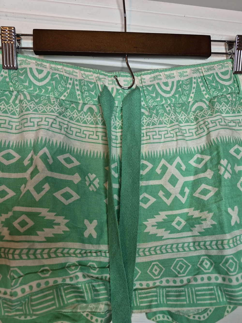 Lagaci Mint Green and White Printed Shorts with Drawstring Cotton Linen Size Xl - Picture 2 of 8